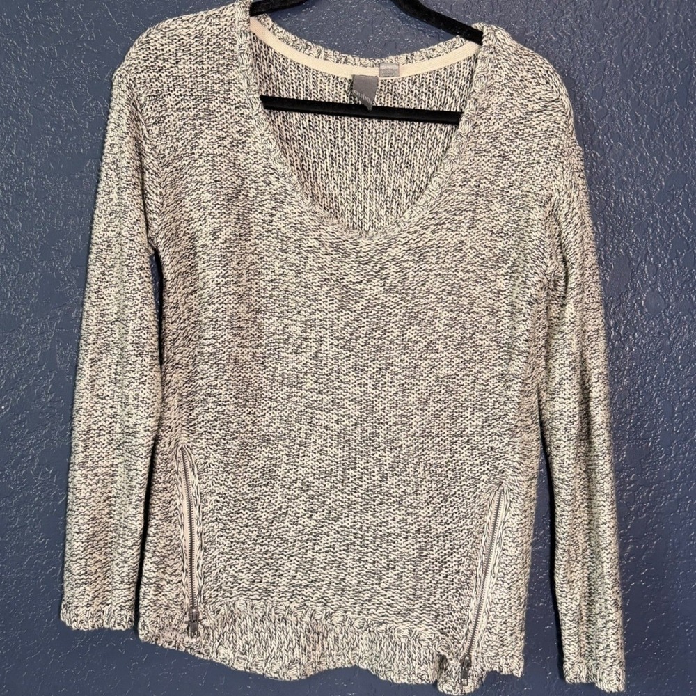 Quinn Marled Sweater Women's Small Black White V‎ Neck Side Zip